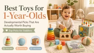 Best toys for 1-year-olds with a smiling toddler playing with stacking rings, shape sorter, blocks, sensory ball, activity cube, and board book.