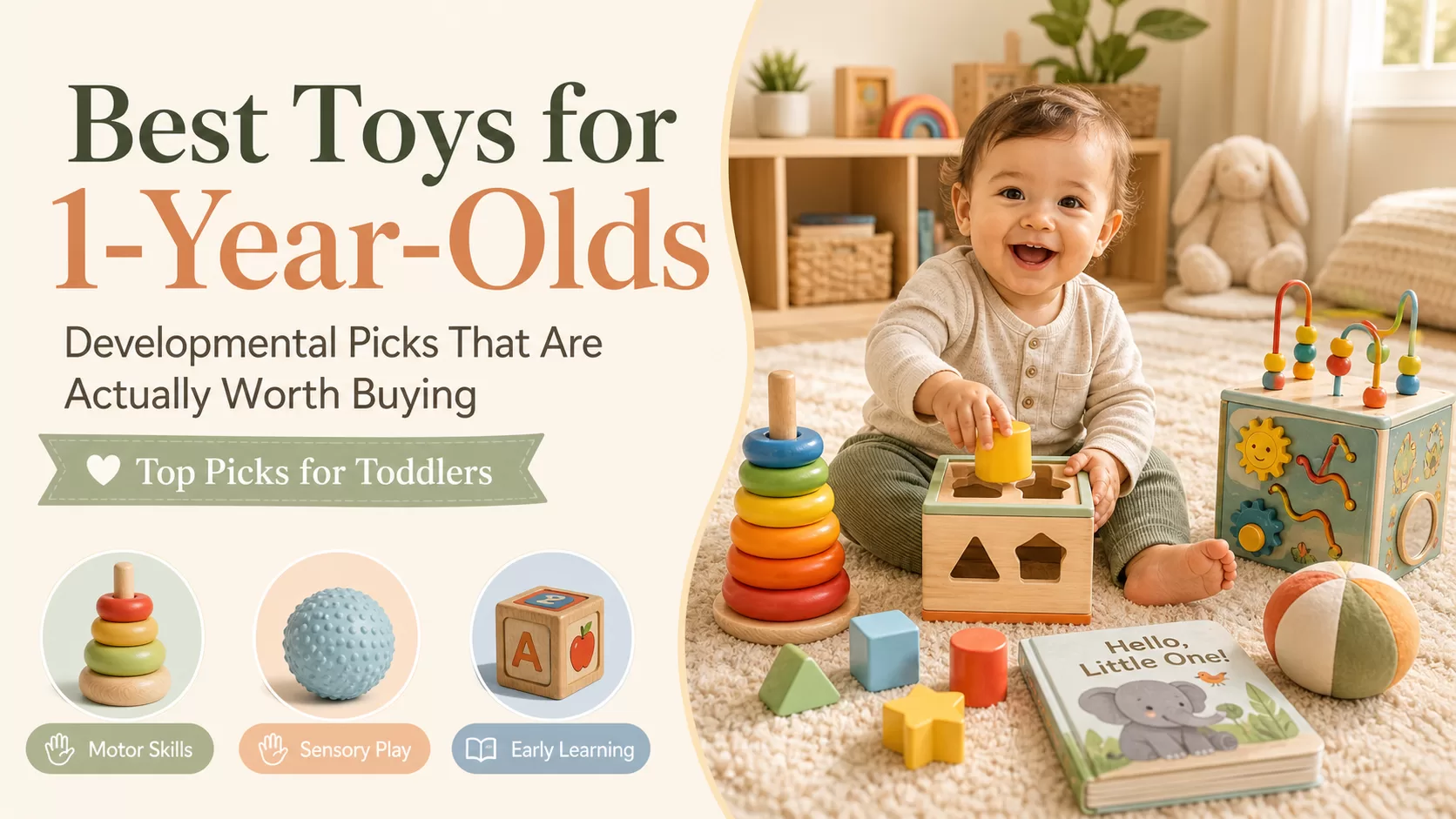 Best toys for 1-year-olds with a smiling toddler playing with stacking rings, shape sorter, blocks, sensory ball, activity cube, and board book.