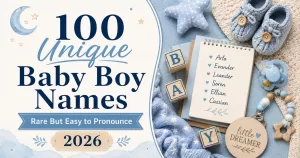 100 unique baby boy names 2026 with rare but easy to pronounce name ideas, baby booties, alphabet blocks, notebook, and soft blue nursery accessories.