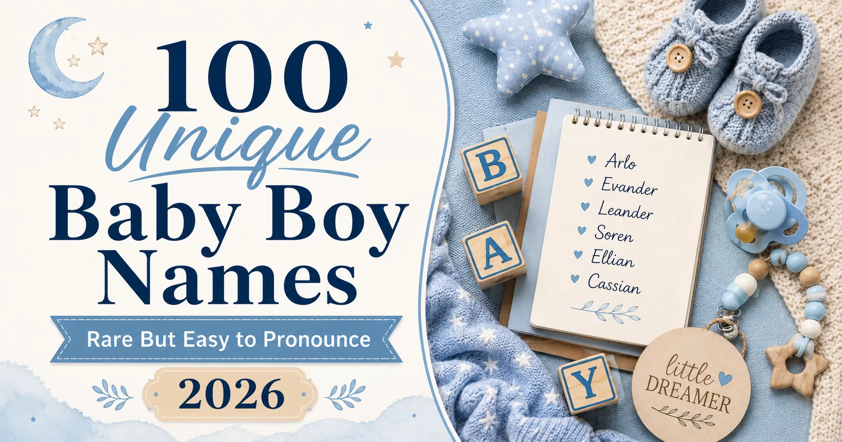 100 unique baby boy names 2026 with rare but easy to pronounce name ideas, baby booties, alphabet blocks, notebook, and soft blue nursery accessories.