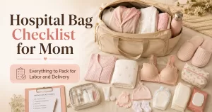 Hospital bag checklist for mom with packed maternity essentials, baby items, toiletries, documents, slippers, nursing bra, diapers, and swaddle for labor and delivery.