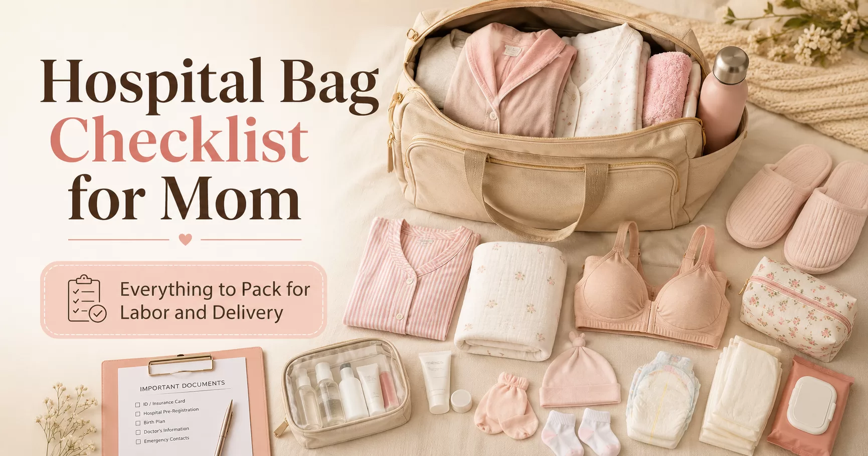 Hospital bag checklist for mom with packed maternity essentials, baby items, toiletries, documents, slippers, nursing bra, diapers, and swaddle for labor and delivery.